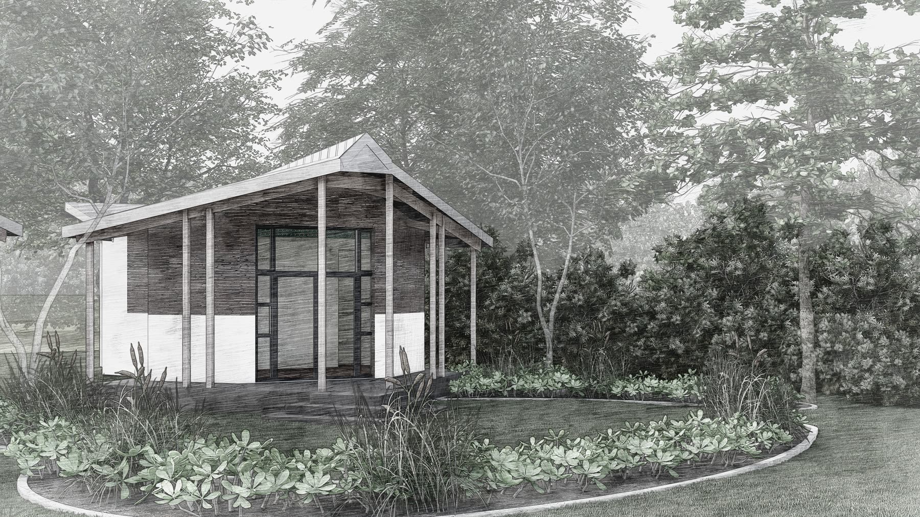 Architectural render of a timber glamping unit set among planting.