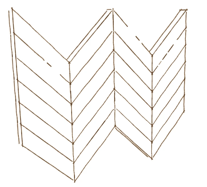 Book illustration of timber members meeting in a chevron pattern.