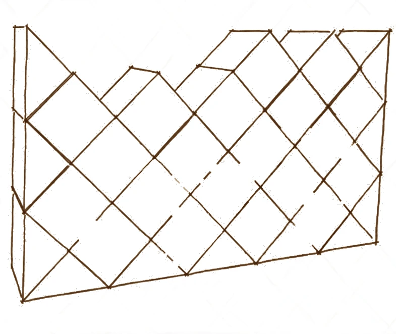 Book illustration of timber blocks forming a diamond lattice.