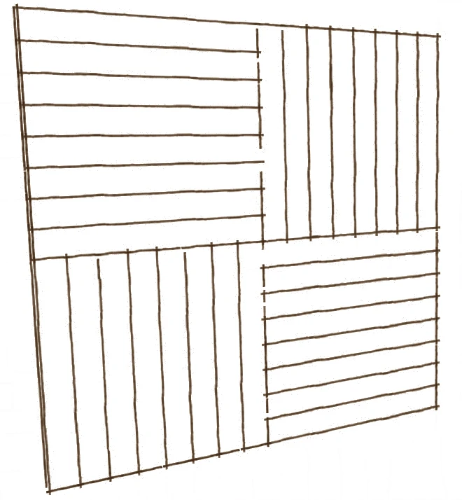 Book illustration of alternating horizontal and vertical timber infill within frames.