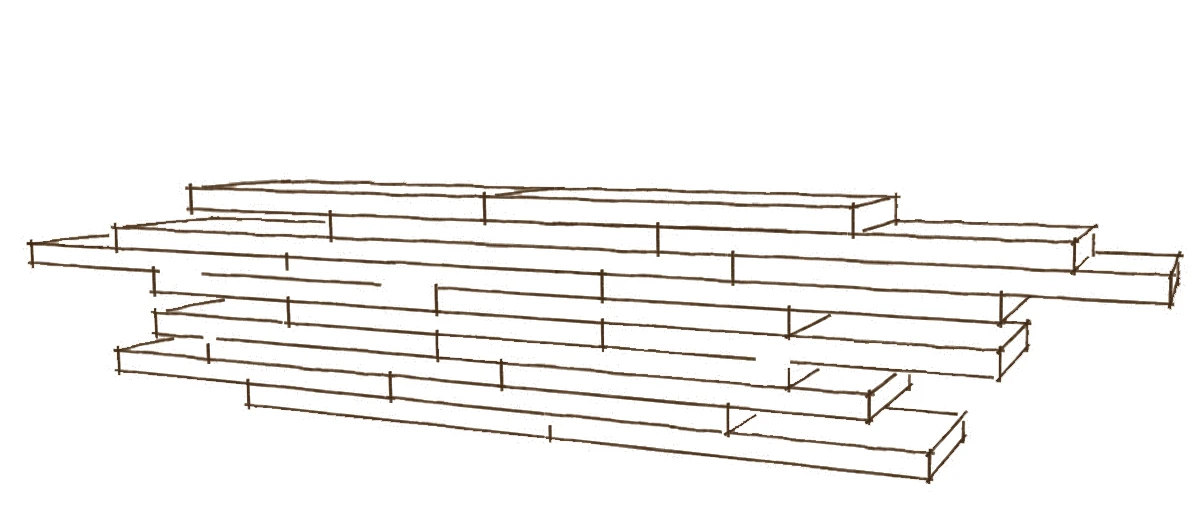 Book illustration of long timber members laid in horizontal courses.
