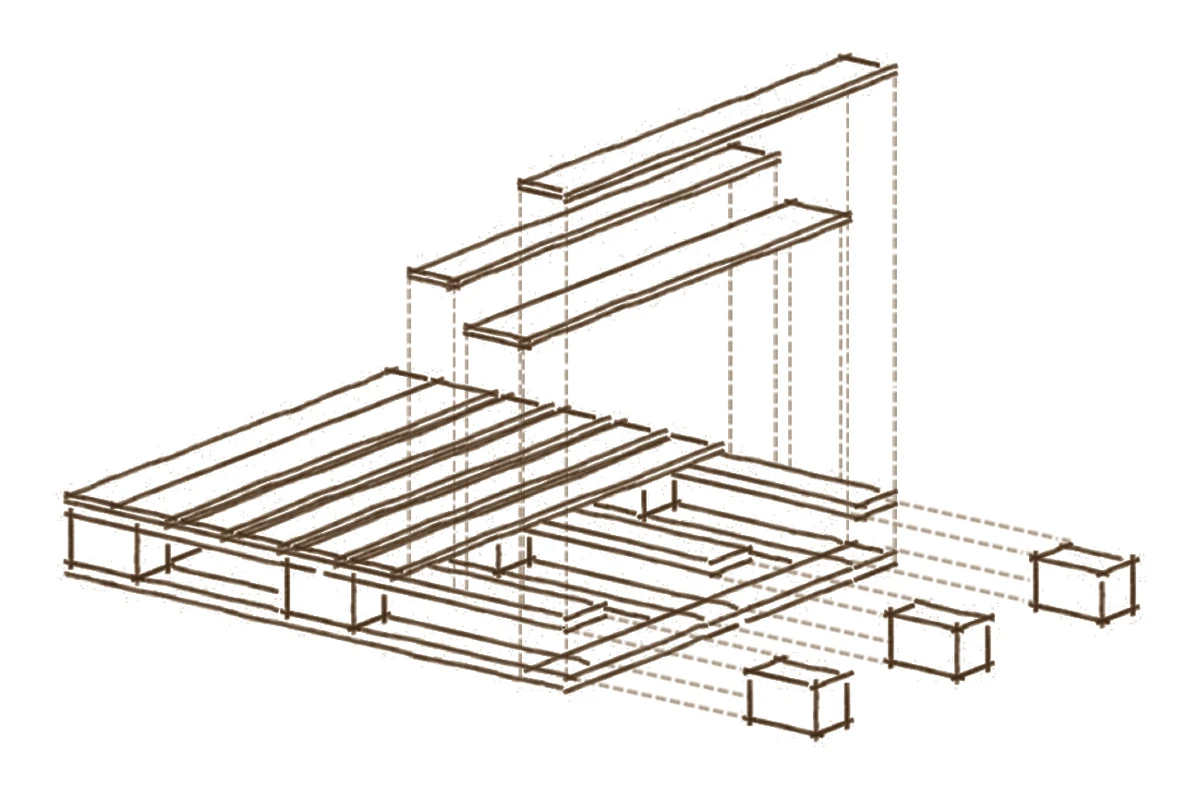 Exploded pallet drawing showing the first long members and spacer blocks separated.