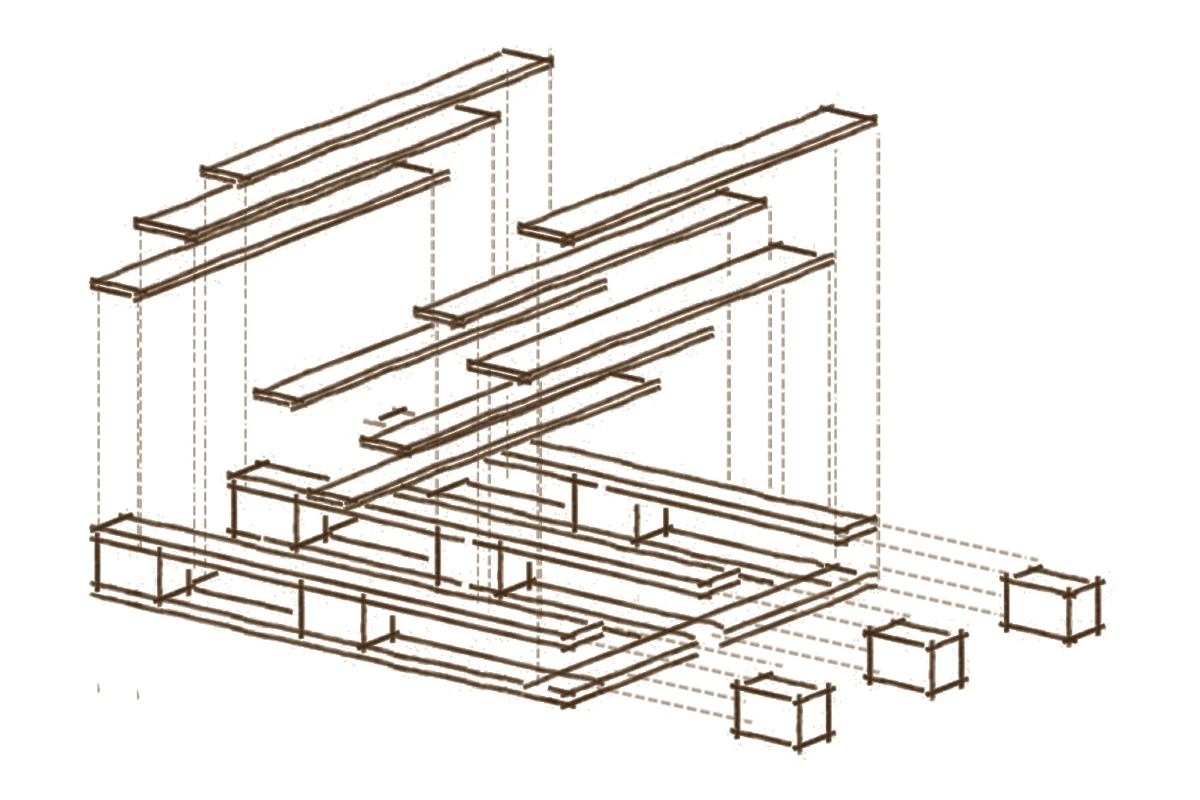 Expanded pallet drawing with more long members and spacer blocks separated.