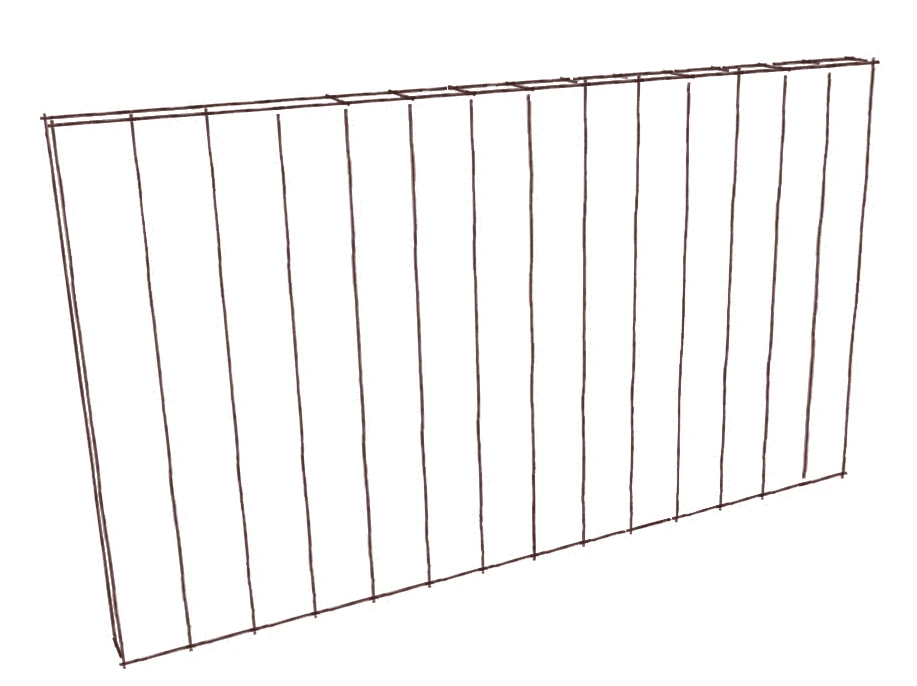 Book illustration of closely spaced upright timber members.