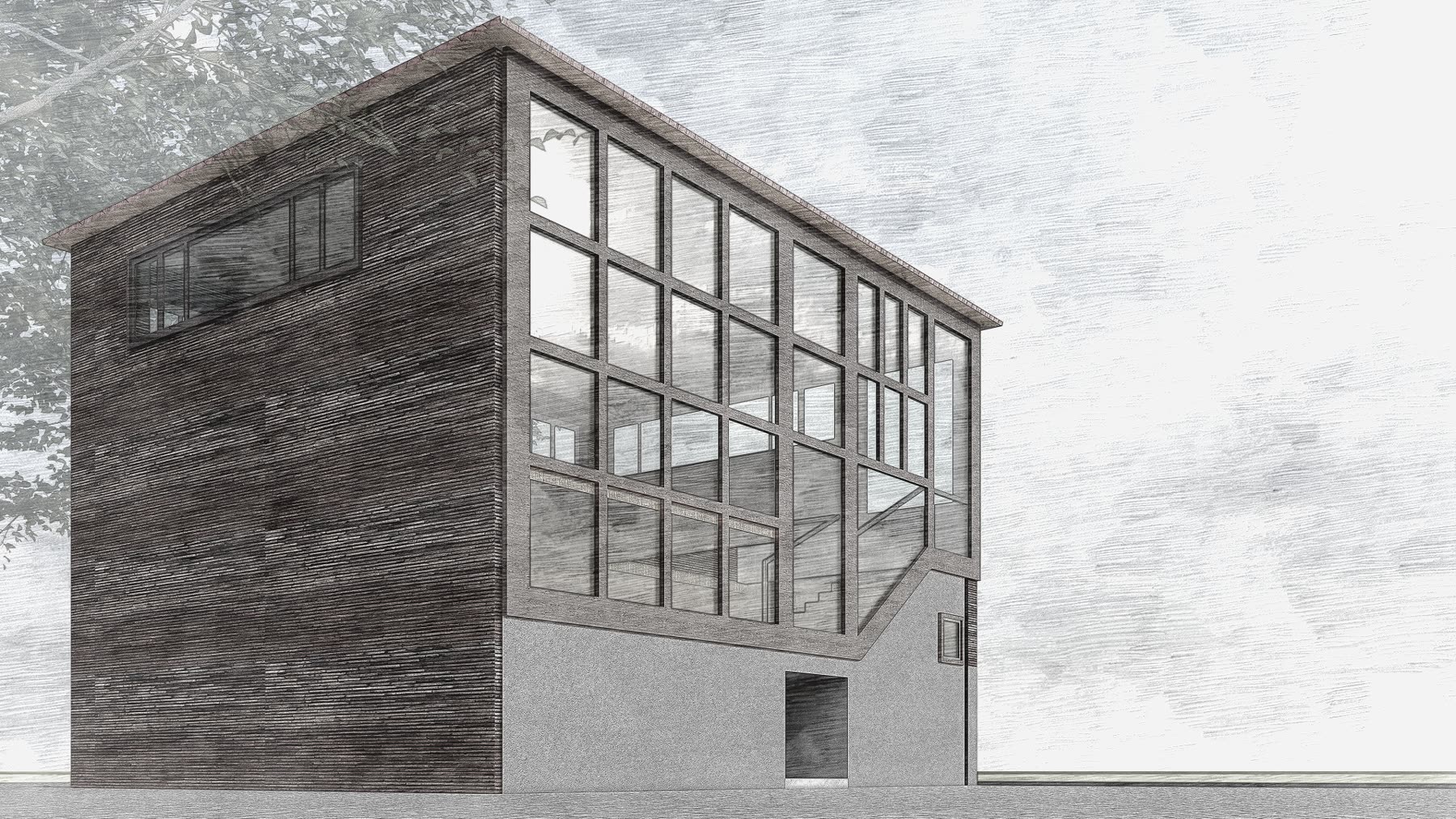 Architectural render of a multi-storey timber office building with large glazed openings.